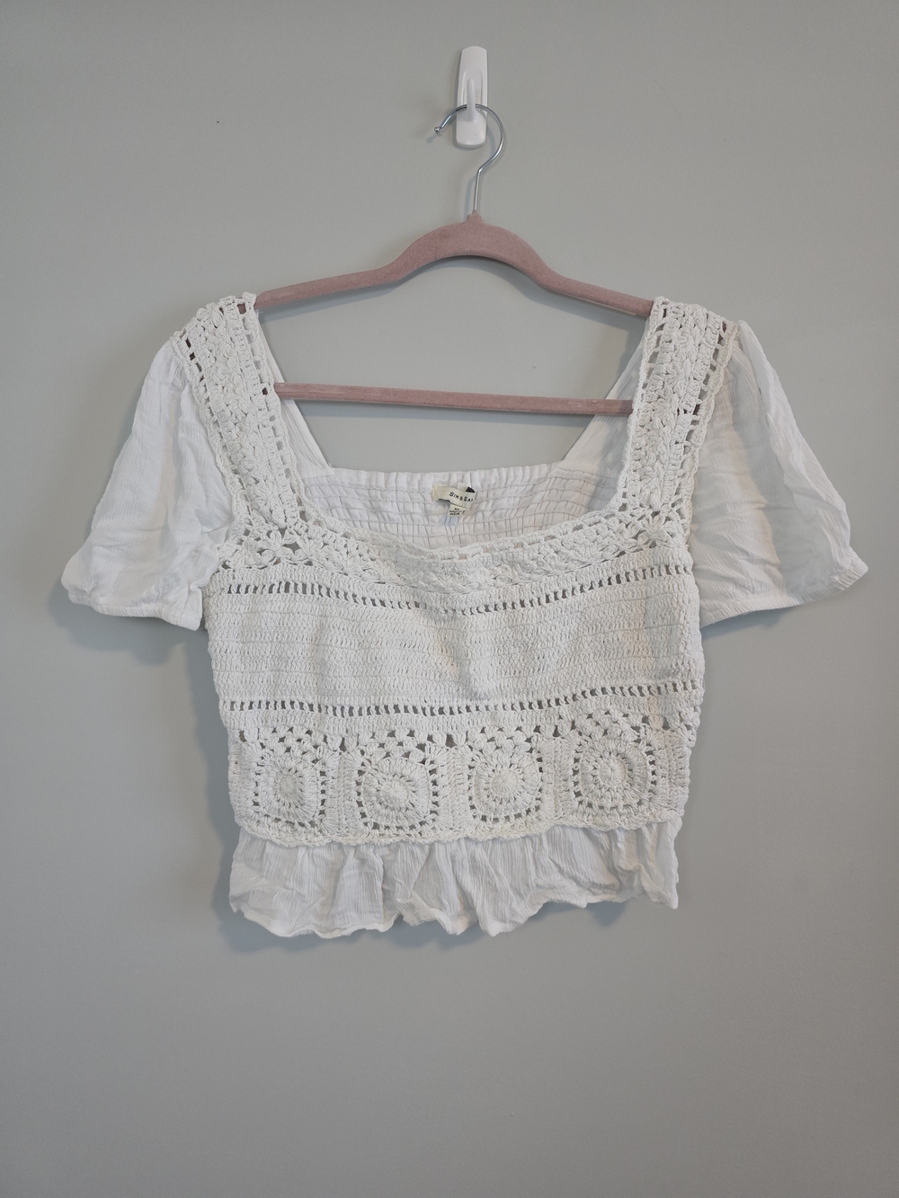 Sim & Sam White Crochet Square Neck Crop Top Boho Women’s XL